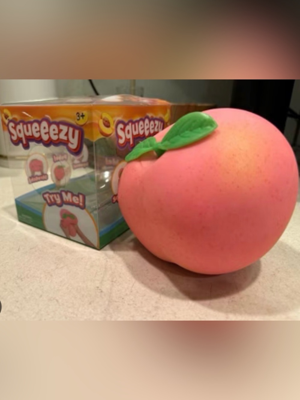 Squeezy Peach Squishy Toy - Pink Peach with Green Leaf NEW IN BOX JUMBO SIZE